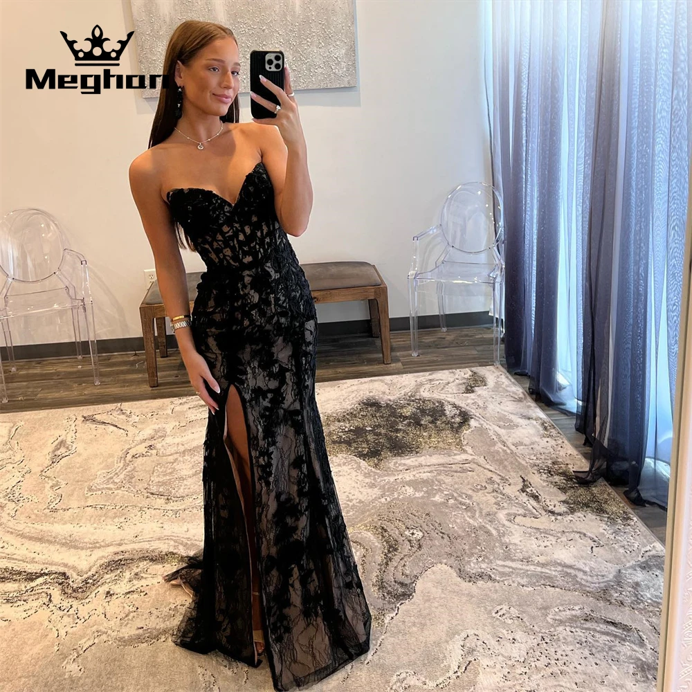 

Black Sweetheart Evening Dresses Appliques Birthday Party Gown High Slit Long Prom Dress Mermaid Robe De Bal
