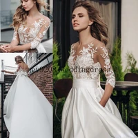 beach satin wedding dresses sheer neck 34 long sleeves lace appliques vintage plus size country style bridal gowns