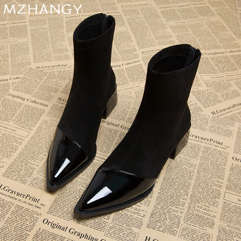 Женские ботильоны с острым носком кожаная зимняя обувь на среднем каблуке