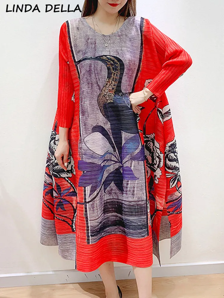 

Женское плиссированное платье миди LINDA DELLA, винтажное дизайнерское платье с цветочным принтом, о-образным вырезом и рукавом три четверти, повседневное свободное платье на лето 2019