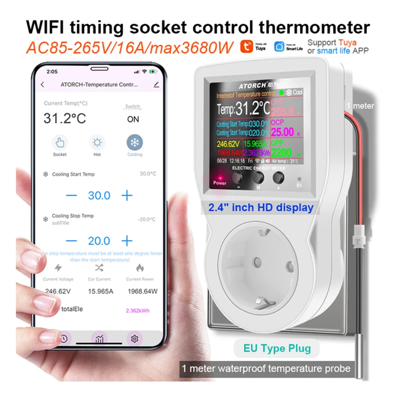 

220V Digital Thermosta Socket Timer Socket Thermostat WIFI Temperature Controller Socket Outlet With Timer Switch Sensor Probe