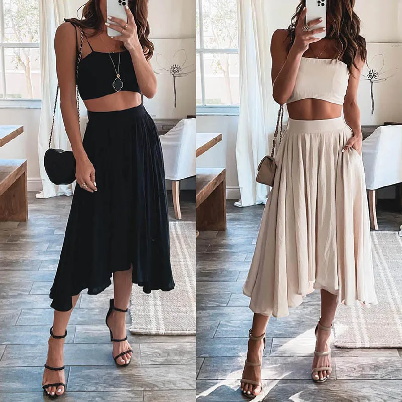 

Sexy Two Piece Set Women Sleeveless Crop Top+ Pleated Dress Tracksuit 2 Piece Club Outfit women dresses summer 2022