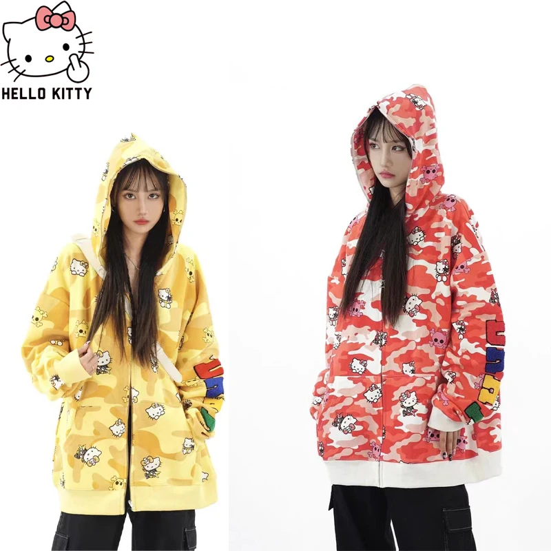 

Sanrio Hello Kitty Anime Cartoon Kawaii Hoodie Cardigan Coat Printing Camouflage Trend Cute Hooded Cold Resistance Keep Warm