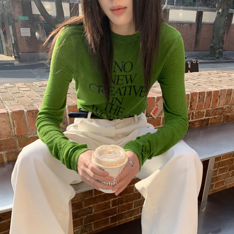 

STSVZORR Green y2k Design Sense Retro Versatile Letter Slim Round Neck Long Sleeve T-Shirt Top Women's Clothing