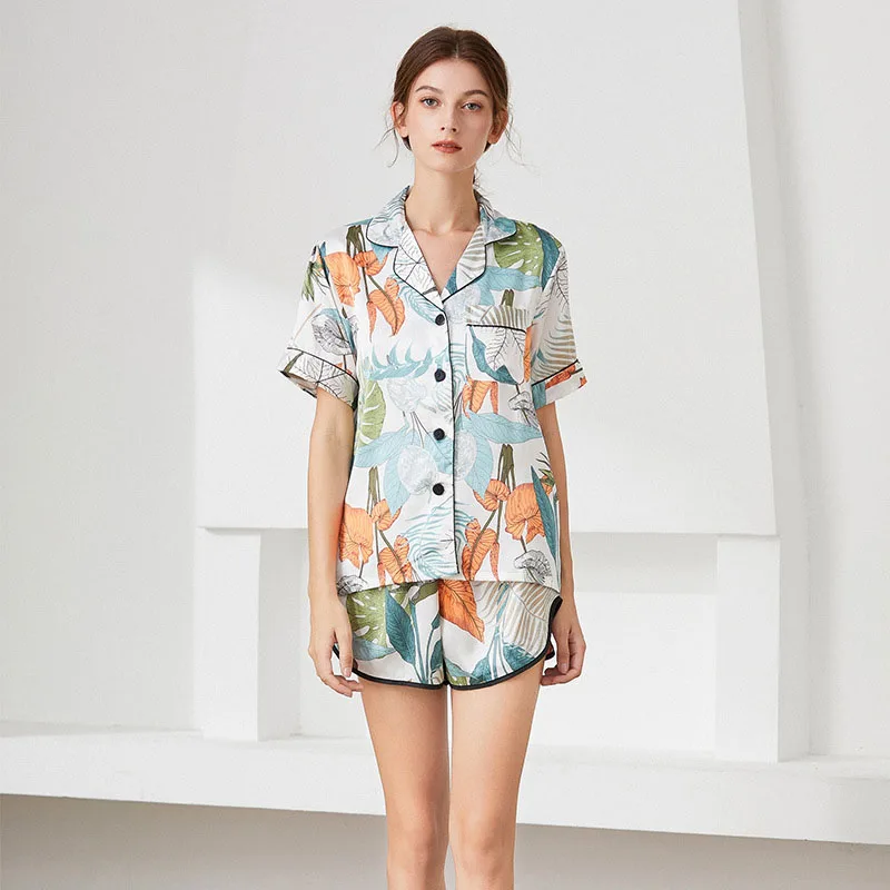 Women's Sleepwear 2 Pcs Sets Silk Short Sleeve Polka Dots Top and Shorts Pajamas Set