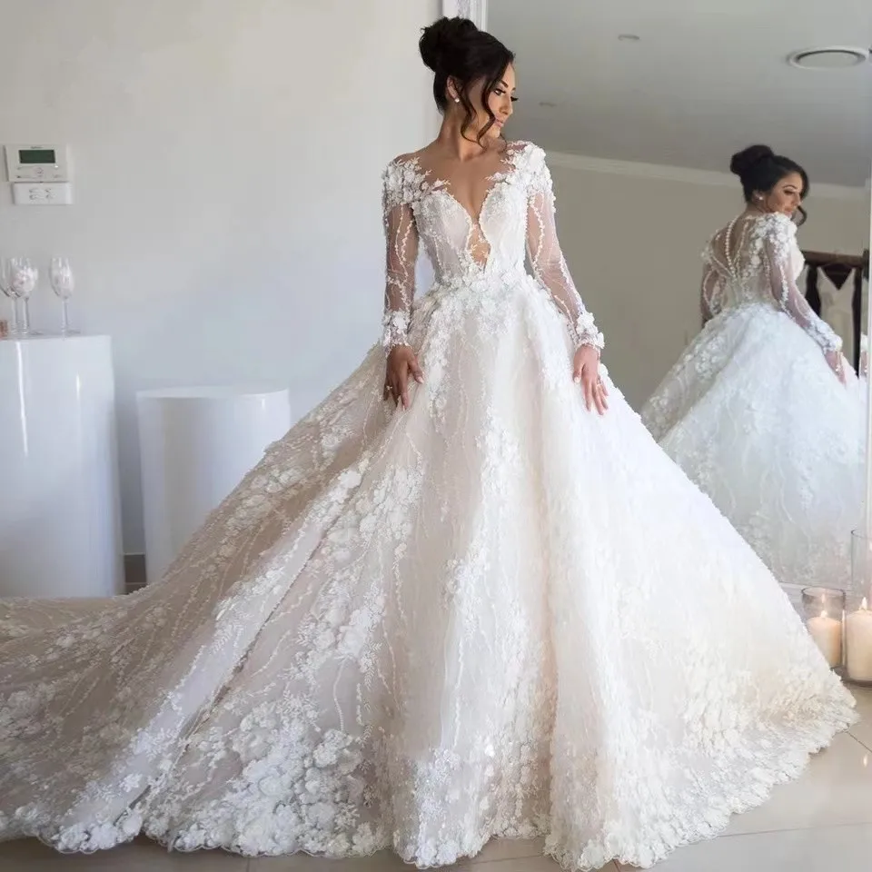 

Luxury Lace Appliqued Wedding Dresses 3D Flowers Beaded Long Sleeve Vestidos De Novia Sexy Marriage Dresses 2023 Bridal Gowns