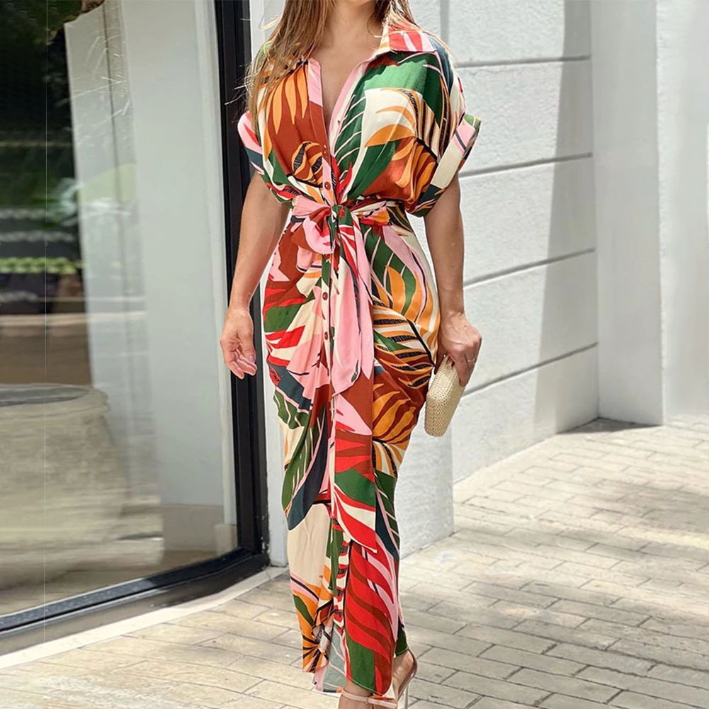 

Women Elegant Shirt Dress Summer Vintage Printed Button Ruched Bandage Dress Female Solid V Neck Beach Long Dresses Casual Robe
