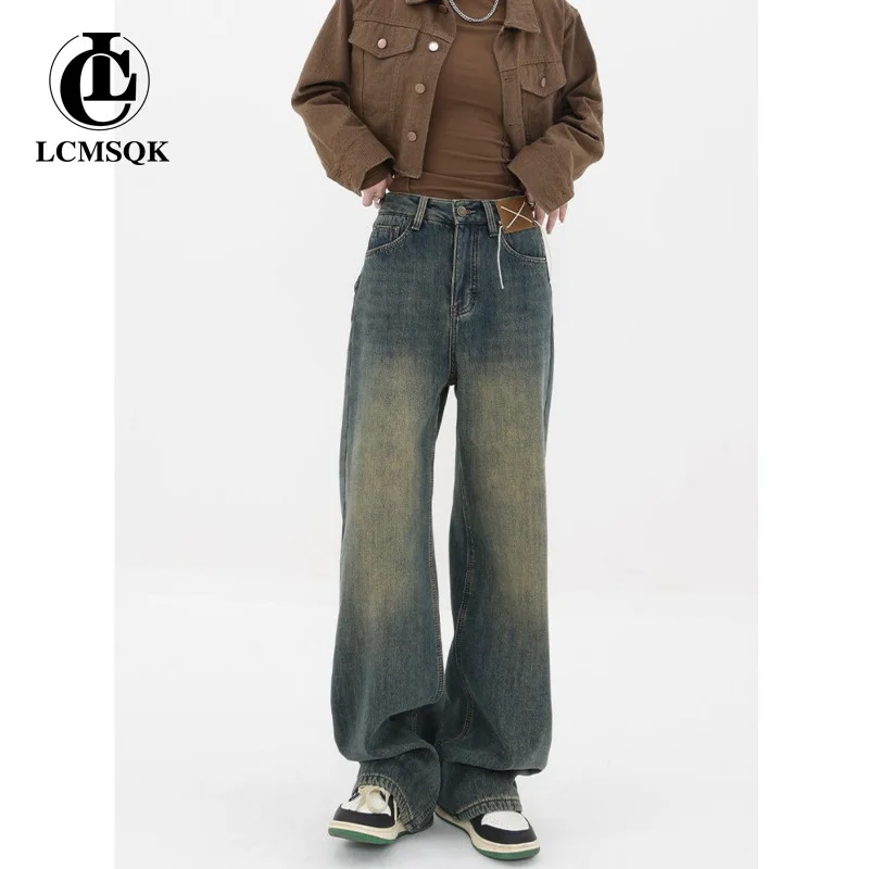 

Женские винтажные джинсы с высокой талией, трендовые женские джинсовые брюки в Корейском стиле, уличная одежда синего цвета, Y2k, 2023