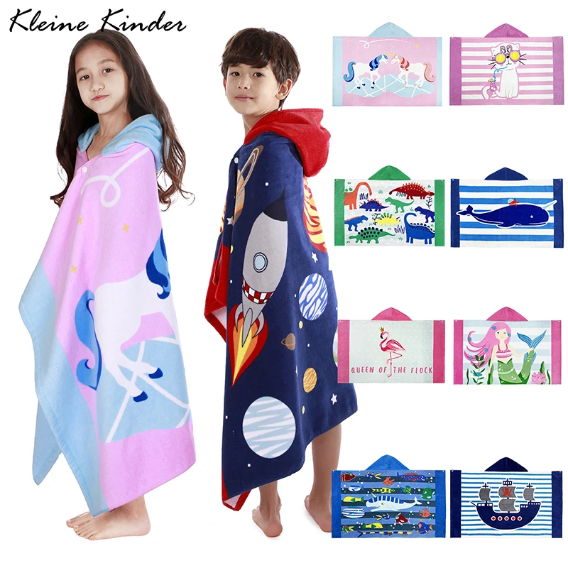 Cotton Towel Poncho Cartoon Hooded Children's Bath Towels Kids Bathrobe for Girls Boys Baby Beach Changing Surf Swimming Robes