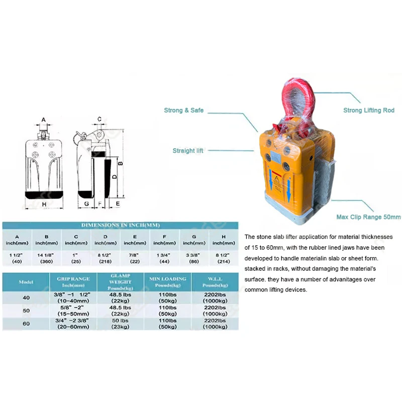 Подъемник для каменной плиты с белой/черной резиновой облицовкой диапазон 15-60 мм
