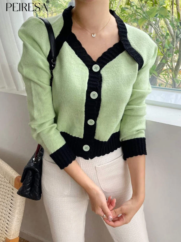 

PEIRESA 2023 Autumn Winter Color Blcok Cardigans Cropped Sweaters Women V Neck Long Sleeve Knitted Knitwears Womens Clothing