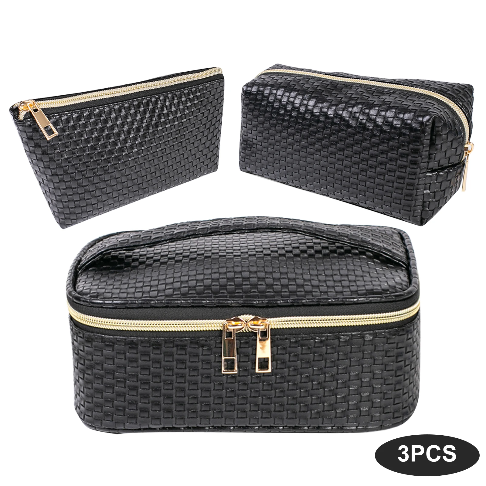 

3pcs Makeup Brush Cosmetic Bag Set Scratch Resistant Lipstick Storage Solid Travel Portable Large Capacity For Women Girl Zipper