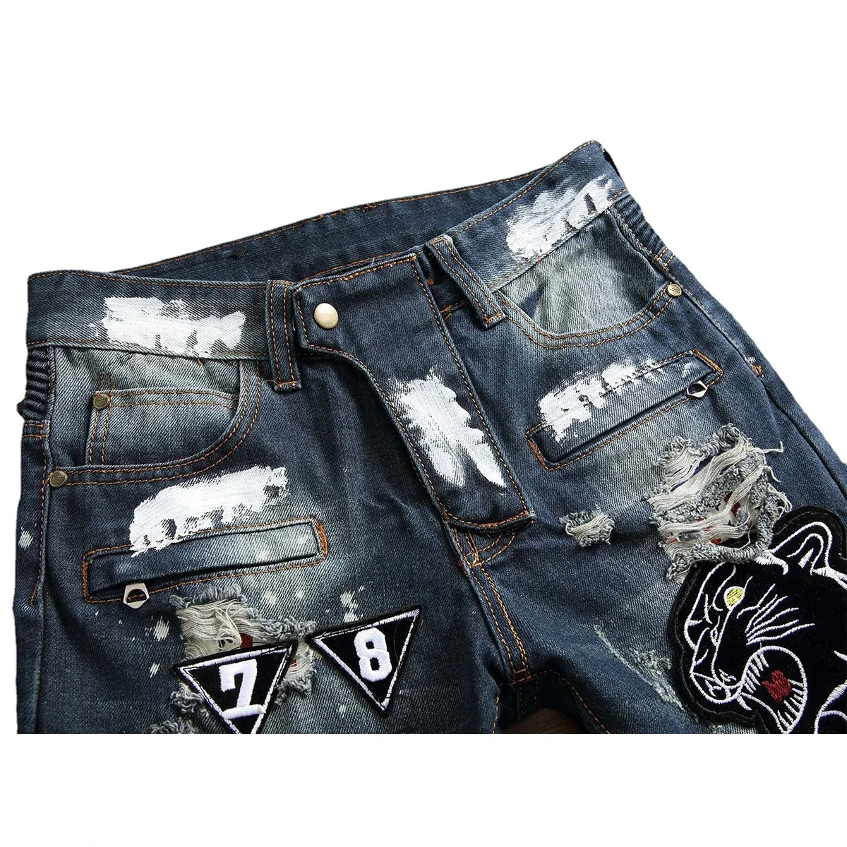 Мужские рваные джинсы с вышивкой ручной росписью