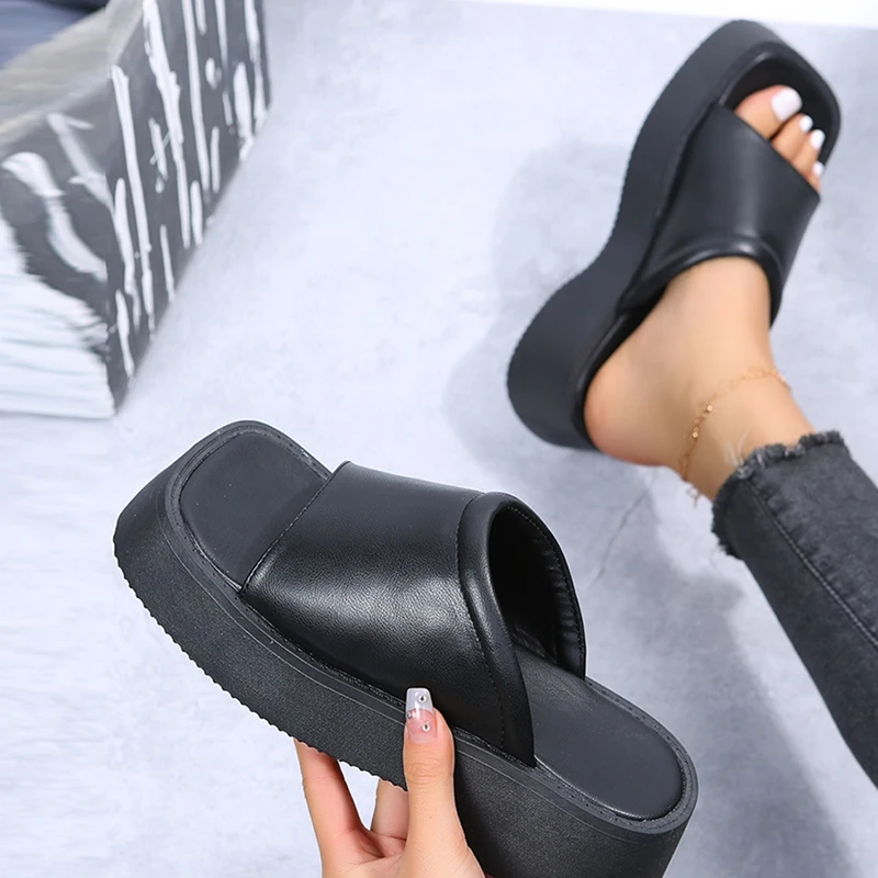 

Women's Slippers Square Toe Pu Leather Platform Ladies Shoes 2022 Fashion Summer Thick Bottom Female Slipper Woman Flip-flops