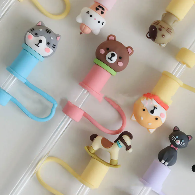 

Detachable Doll Straw Cap 8mm Diameter Straw Cap Sleeve Cartoon Animals Reusable Straw Dust Stopper Happy Birthday Party Favor