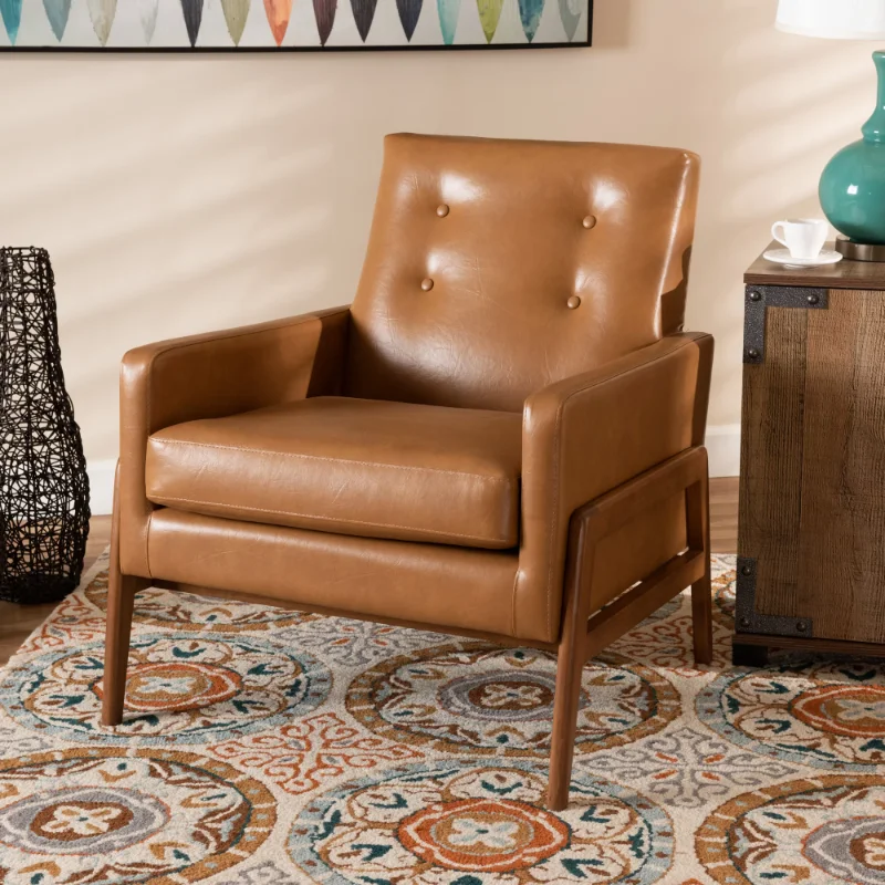 

Baxton Studio Perris Mid-Century Modern Tan Faux Leather Upholstered and Walnut Brown Finished Wood Lounge Chair
