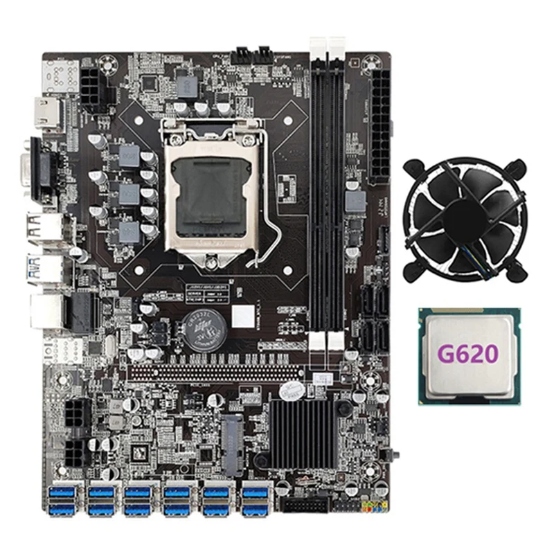 

B75 ETH Mining Motherboard 12 PCIE To USB MSATA DDR3 With G620 CPU+Cooling Fan For Graphics Card B75 USB BTC Motherboard