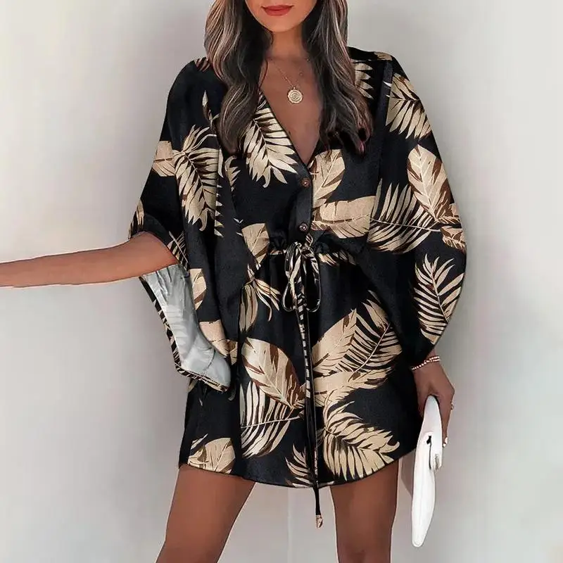 

Fashion Batwing Sleeve Print Lace Up Mini Dress for Womens Sexy V-Neck Casual Loose Boho Holiday Short Dresses Woman 2023 Summer