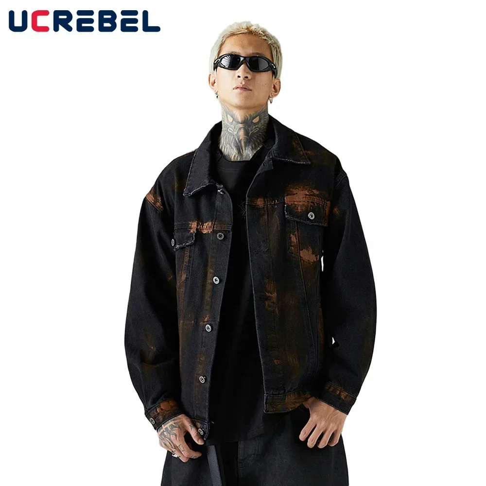 

Джинсовая куртка мужская с карманами, свободная потертая куртка с лацканами, с распылителем, уличная одежда, осень-зима