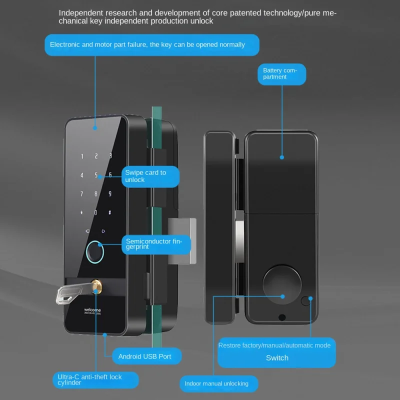 Стеклянный умный дверной замок с граффити без рамы для офиса функцией