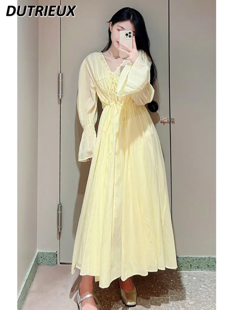 

2023 Summer New Women's Sweet Fairy V-neck Elegant Fashion Long Dress Loose Female Flare Long Sleeve Solid Color Maxi Dress
