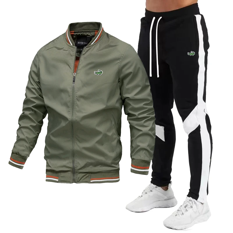 High Quality Jacket Suit New Spring Autumn Men's  Casual Suit Splicing Trousers Bomber Stand Collar Windbreaker Coat Sets