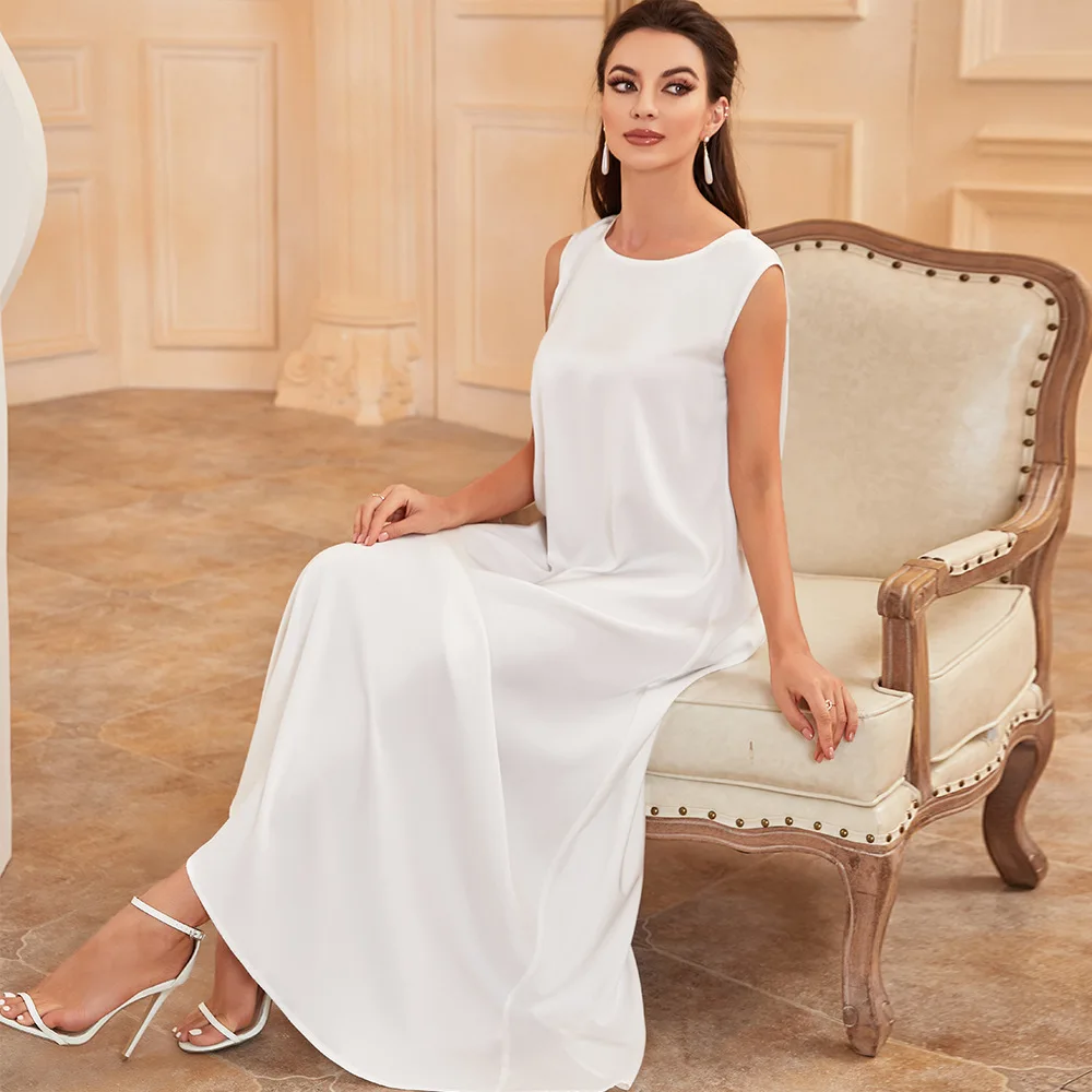 Ramadan Under Abaya Satin Inner Dress Muslim White Sleeveless Slip Dresses for Women Islamic Clothes Dubai Turkey Outfit Kaftan