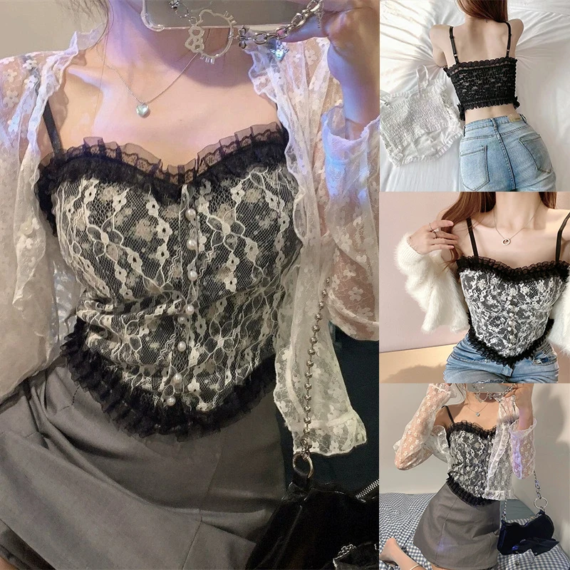 

Summer Print Lace Cami Crop Tank Top Camisole Women's Tube Top Elegant Slim Short Tanks Vest Y2k Fashion Sexy Female Streetwear