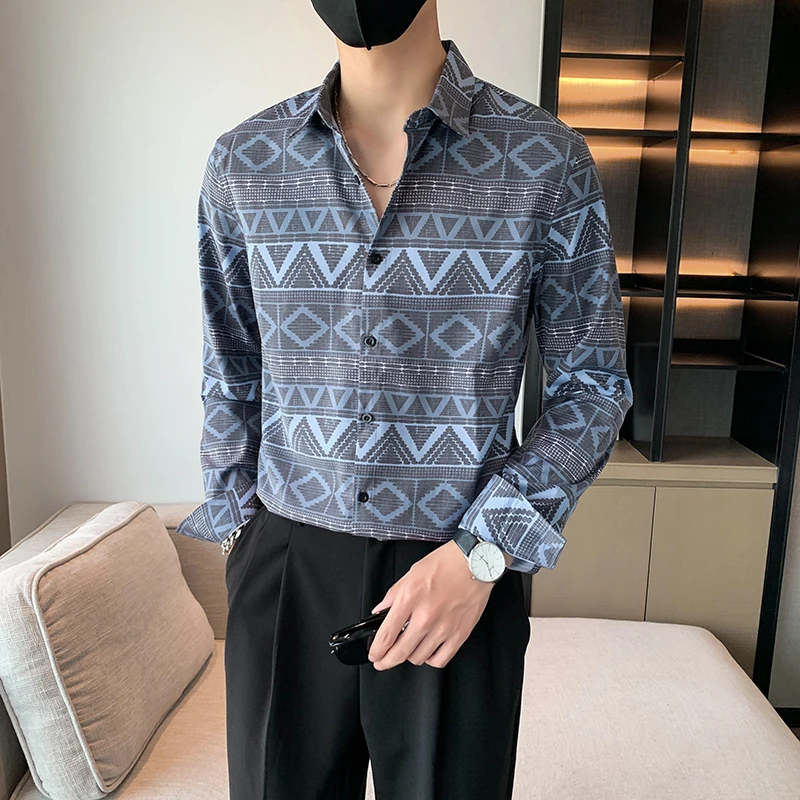 2022 Autumn Vintage Printed Shirts Men Loose Long Sleeve Casual Shirt Social Business Dress Shirts Men Clothing Camisa Masculina