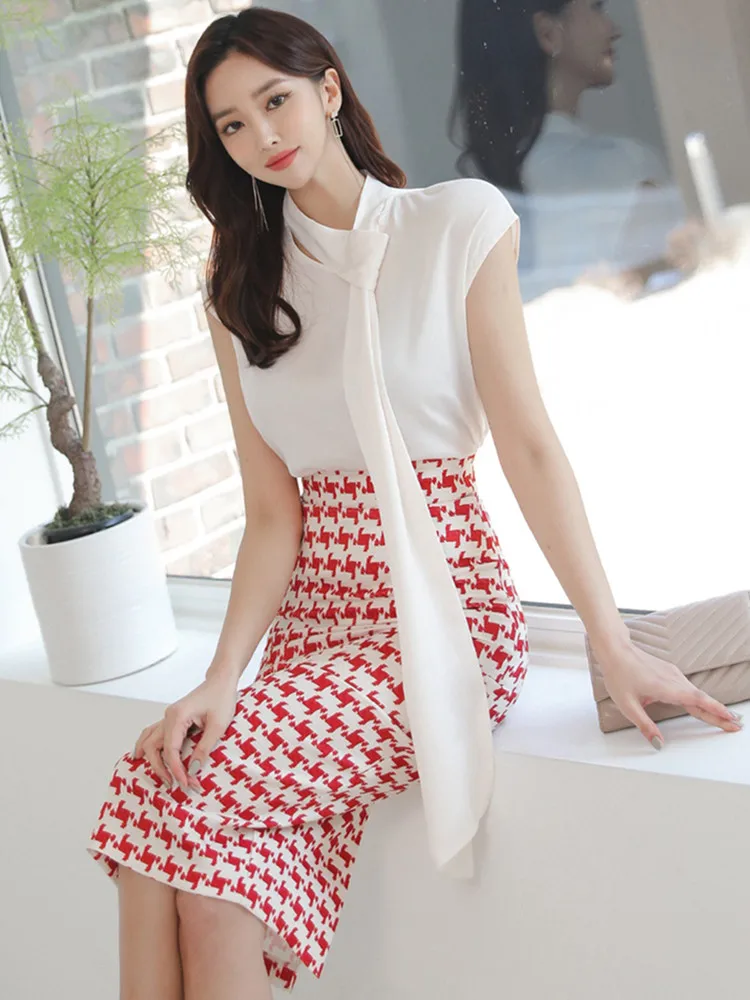 E GIRLS New Women 2022 Summer Work Set Fashion Chiffon Sleeveless Blouses And Red Houndstooth Sheath Pencil Bodycon Skirts Suit