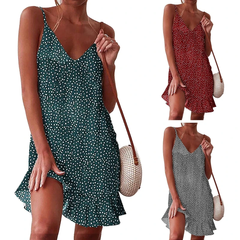 

Women Summer Sexy Spaghetti Strap Deep V-Neck Short Swing Dress Vintage Polka Dot Print Ruffle Hem A-Line Loose Sundress DXAA