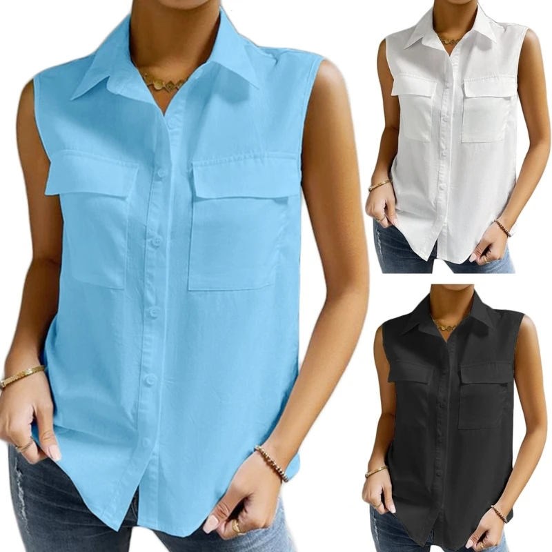 

Women Button Down Shirt Sleeveless Blouses Collared Business Casual Tunic Top Solid Summer Blouses Top Work Blouses