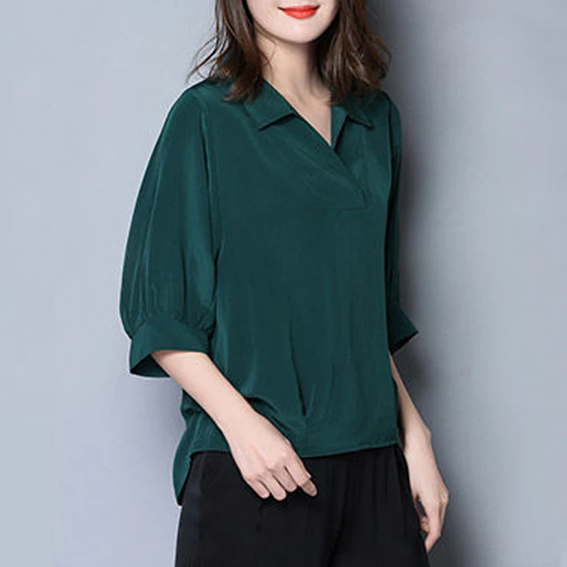 

Women Silk Satin Simple Elegant Blouses Summer Korean Fashion V Neck Half Sleeve Casual Shirts Solid Loose Pullover Ladies Tops