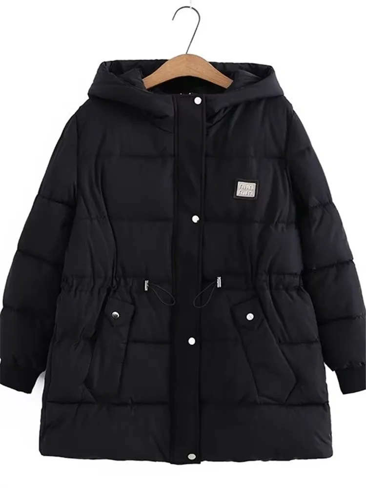 Plus Size Women's Winter Thickened Jacket Hooded Long Sleeve Medium Length Zip Version Jacket Adjustable Drawstring At The Waist