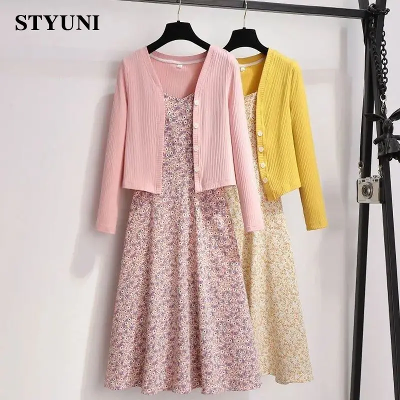Pink Knitted Cardigan Single Breasted Sling Sleeveless Floral Printing Chiffon Dress Two Piece Set Womens Outifits 2022 STYUNI