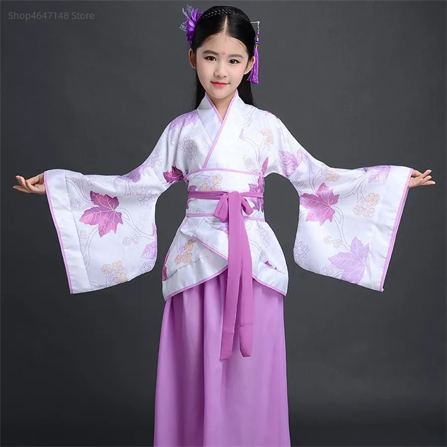 Chinese silk robe Costume Girls Children Kimono China Traditional Vintage Ethnic Fan Students Chorus Dance Costume Hanfu images - 6