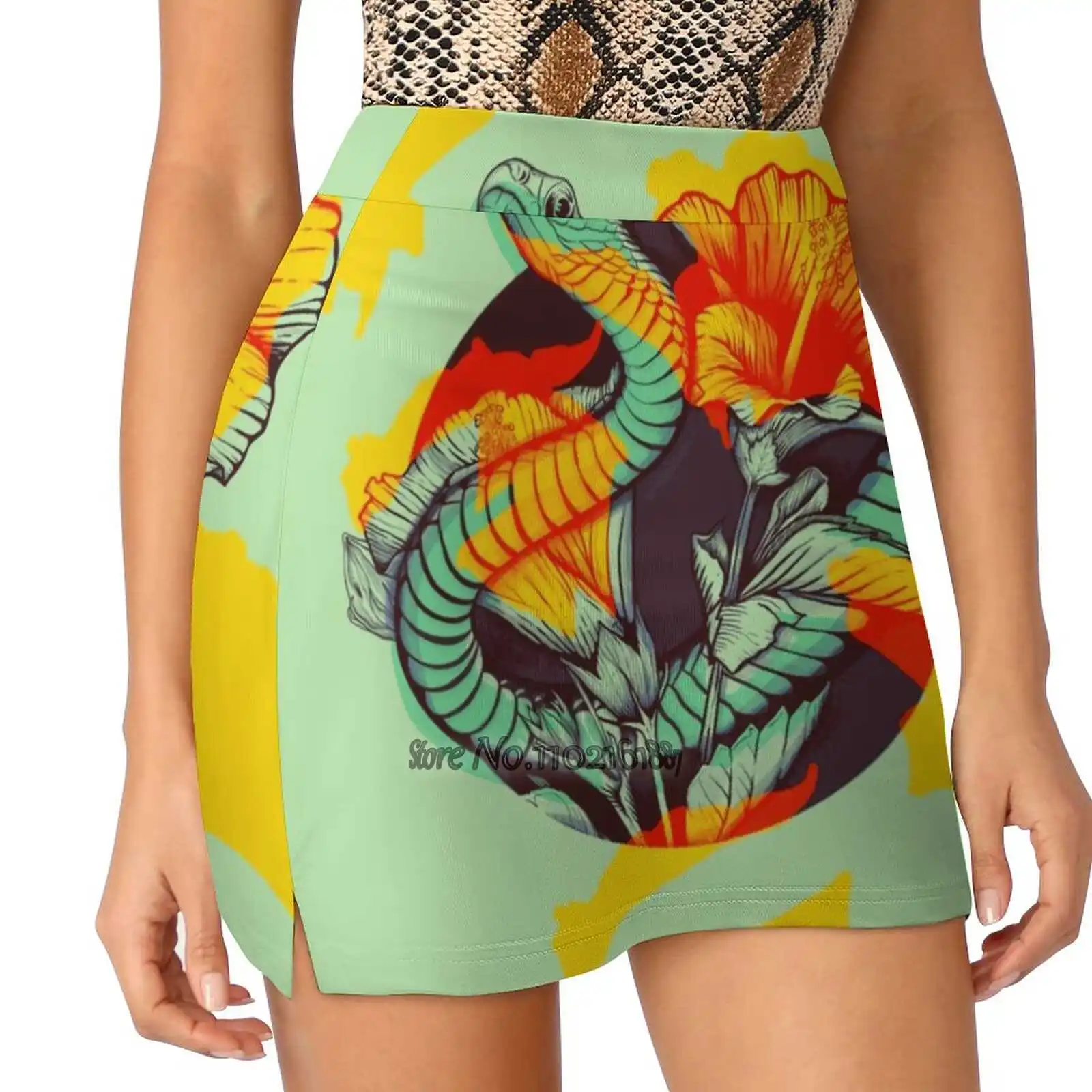 

Tropical Snake And Flowers Fake Two-Piece Hakama Skirt Women Pencil Skirts Workout Sports Mini Skirt Snake Ink Flowers Tropical