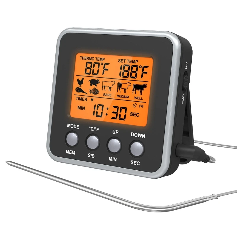 

Цифровой термометр для духовки и барбекю, обратный отсчет/таймер, ЖК-дисплей, подсветка, для барбекю, для дома, кухни, крылья для куриных ног