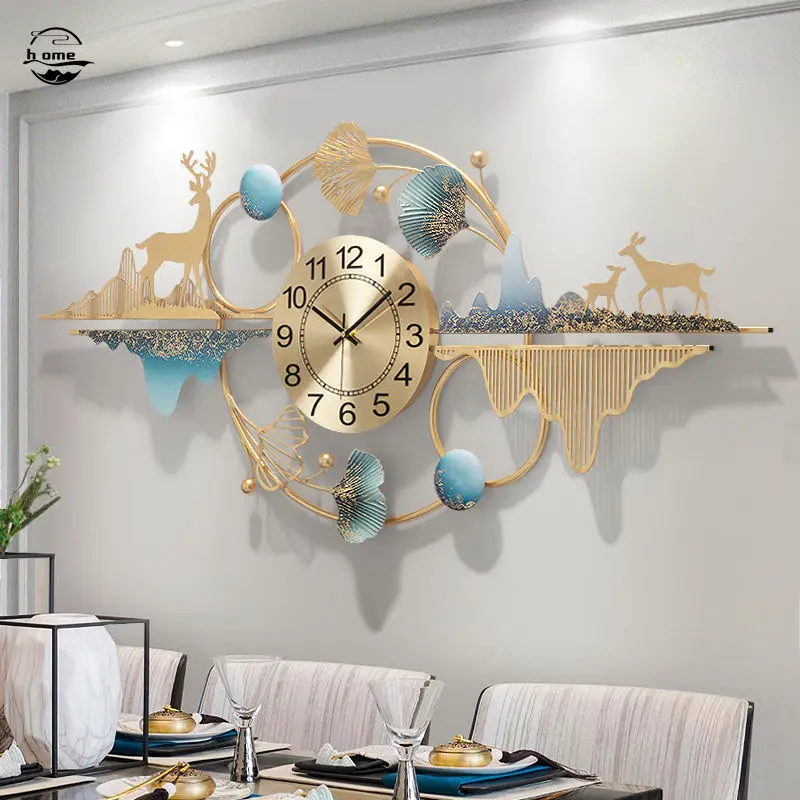 

Modern Art Wall Clock Light Luxury Metal Mural Creative Clocks Fawn Hanging Watch Handmade Ginkgo Leaf Wall Decor Mural Clock D