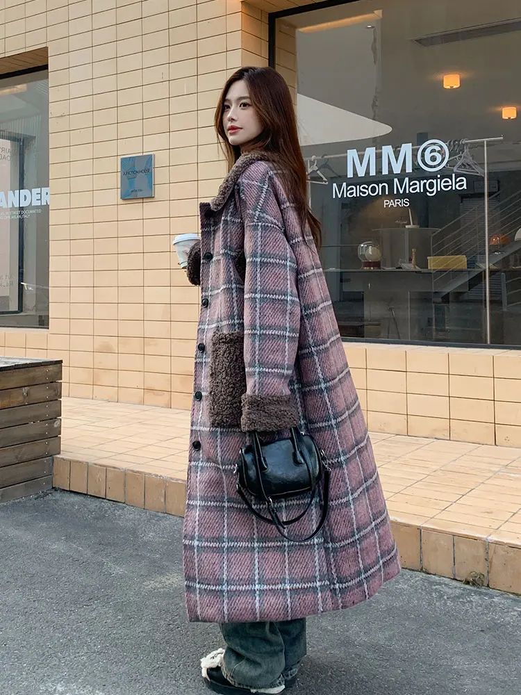 Корейская серия клетчатое шерстяное пальто женское 2024 зимнее новое длинное