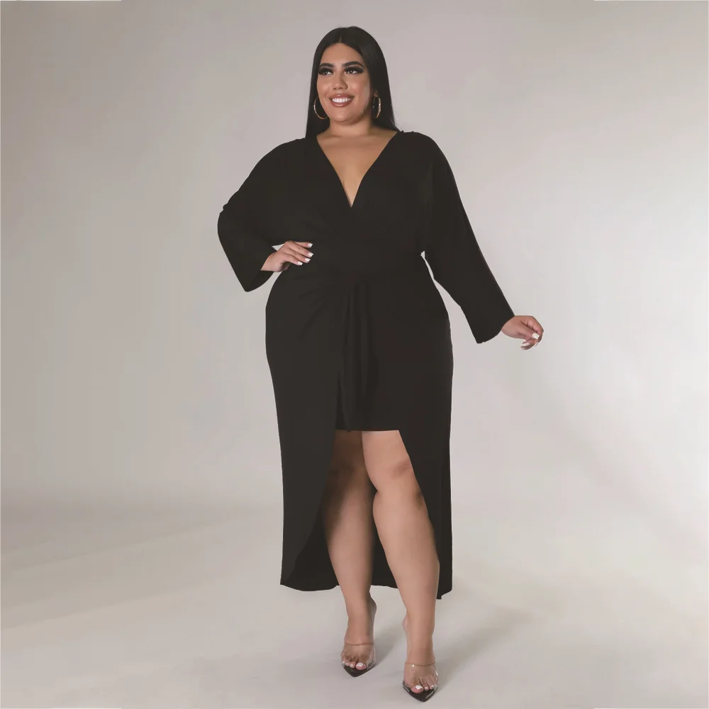 2022 Fall New Plus Size Long Sleeve  Lace Up  Two Piece Sexy V Neck Irregular Hem Suit Fashion Casual Plus Size Women's Clothing