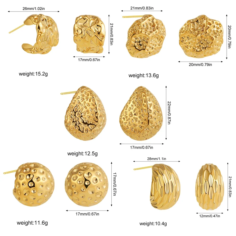 Винтажные нерегулярные кованые круглые серьги-гвоздики золотого цвета для