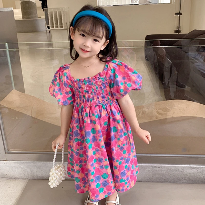 

Summer Girls Dress Flower Crumpled Lace-Up Dress Puff Sleeves Princess Vestidos New Children'S Clothing Casual Baby Kids Clothes