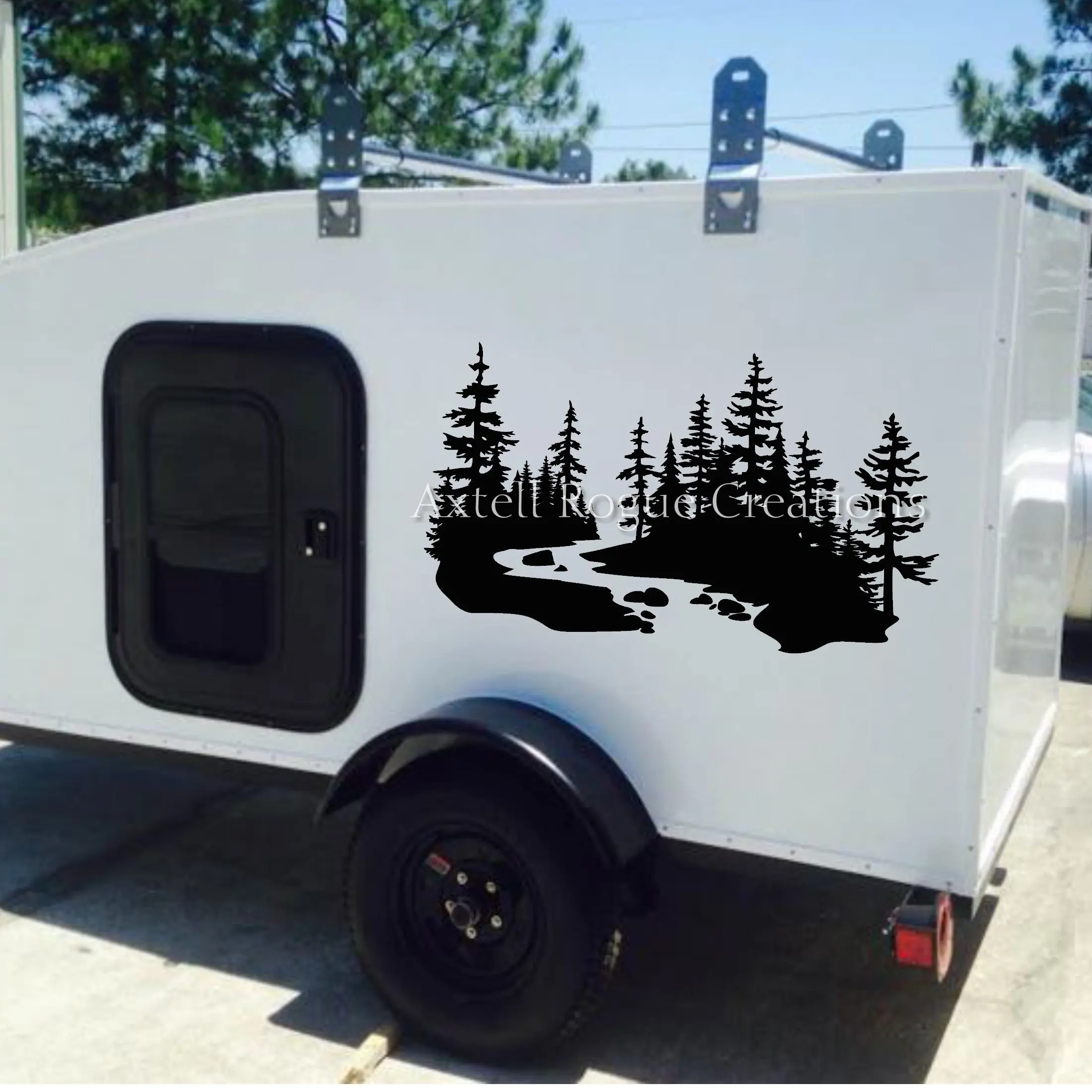 

Большой оригинальный пейзаж с рекой и деревьями, кемпер, автофургон, наклейка на автомобиль, горный лес, пейзаж, прицеп, дом на колесах, декор для каравана