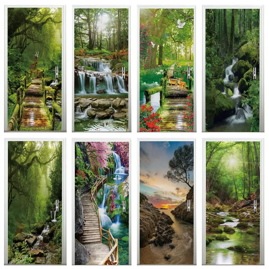 

Self-Adhesive Door Sticker Jungle 3D Wallpaper Green Forest Wall Stickers For Bedroom Decor Home Design Poste PVC Wardrobe Cover