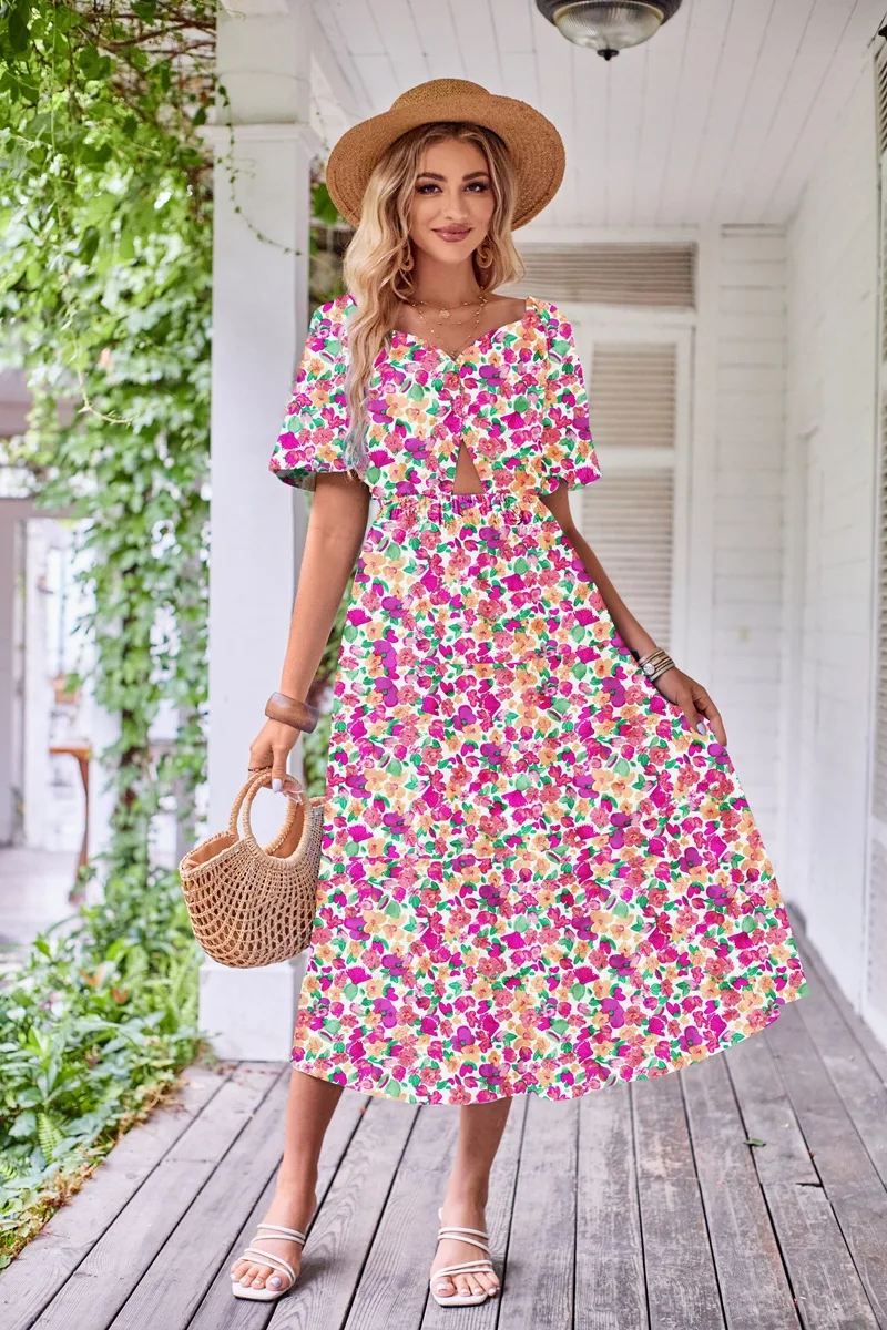 

Женское Плиссированное Платье, Элегантное Длинное Повседневное платье с квадратным принтом и короткими рукавами, лето 2023