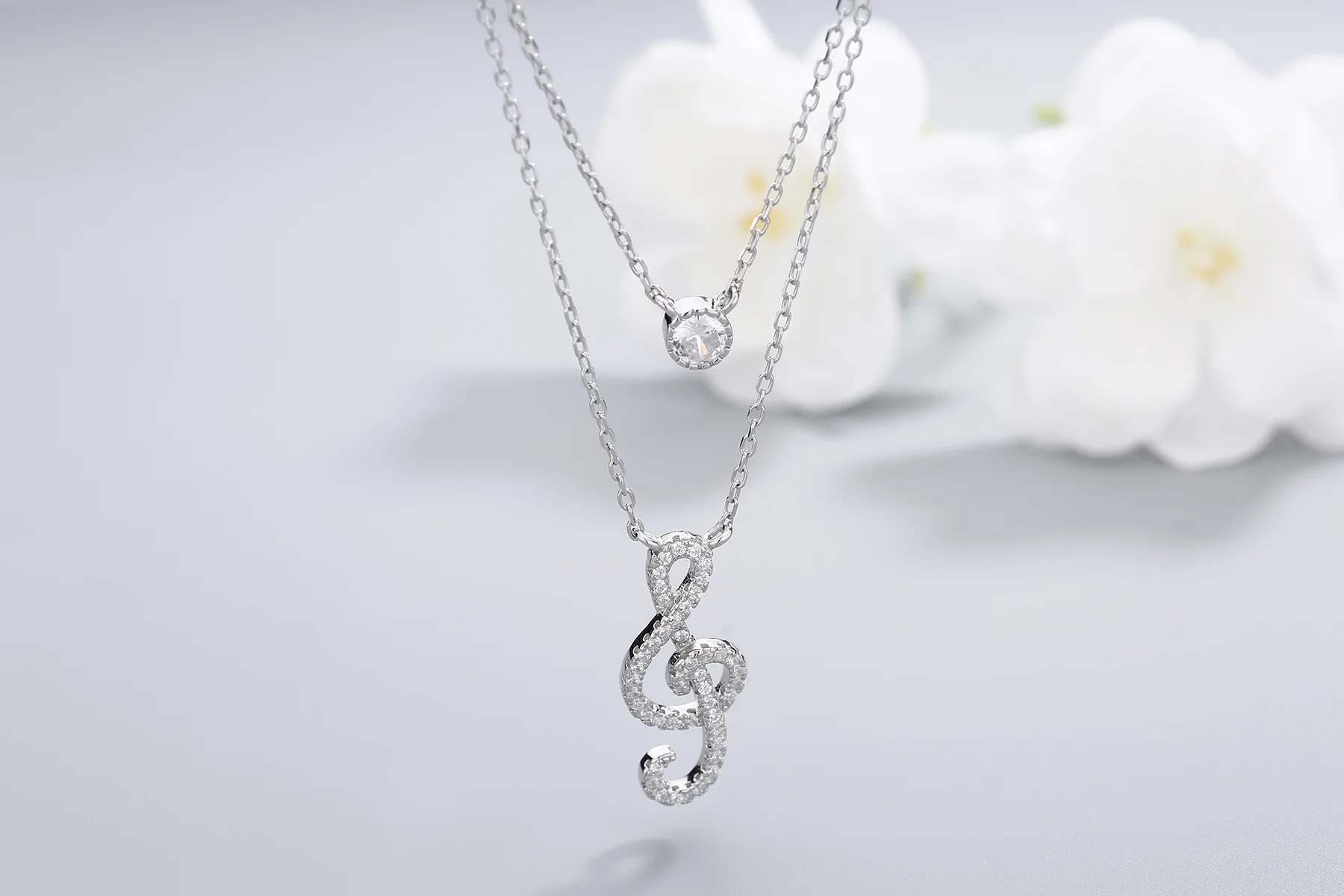 

ins925S silver niche music symbol double pendant inlaid with diamond pendant clavicle temperament simple necklace female