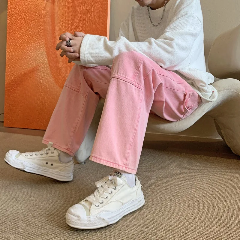 Brand Clothing Pink Jeans Men's High Street Loose Straight Wide Leg Pants Fashion Men Hip-hop Streetwear Pantalon Homme  Casual