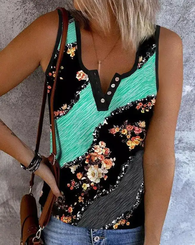 

Women's Tank Top Summer Outfits 2023 Fashion Basics Floral Print Colorblock Buttoned Casual Tank Top Streetwear Y2K Versatile