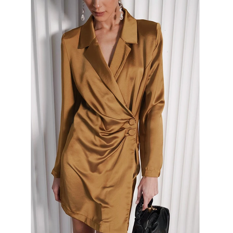 

2 Colors Women Long Sleeve Polo Padd Blazer Dress Satin Silk Pleated Button Side Irregular Hem Formal Elegant Dress